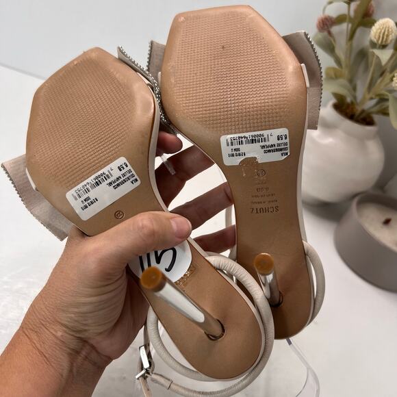 Schutz Mila Nappa Leather Rhinestone Crystal Stiletto Cream Women 6.5B Tried On - Picture 9 of 9